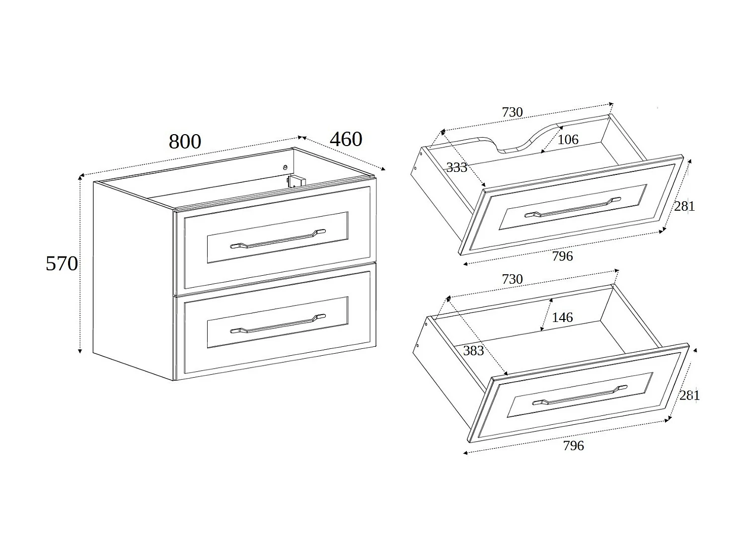 Meuble sous lavabo de style classique, noir, 120 (2 x 60) x 57 x 46 cm