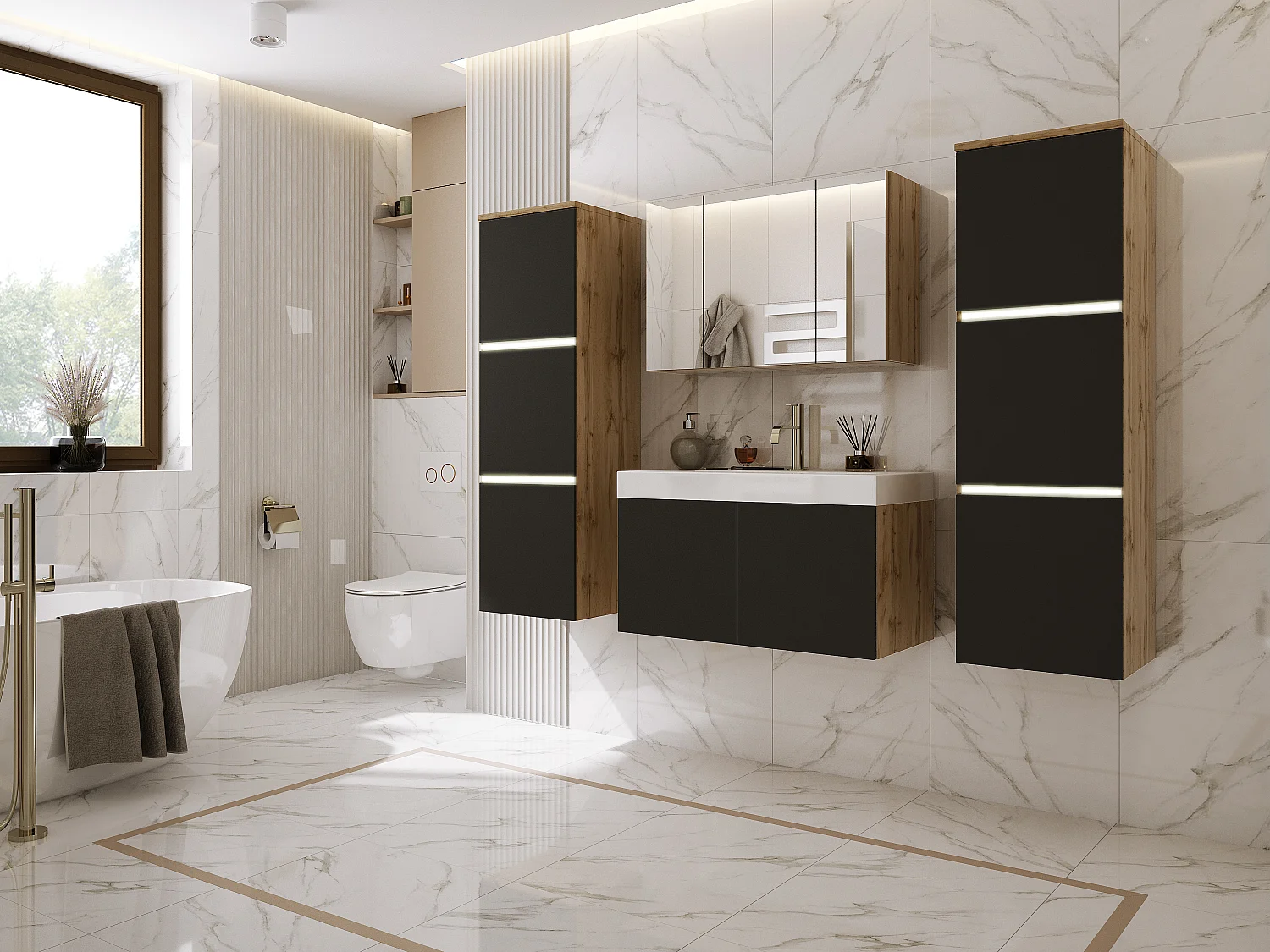 Zestaw mebli łazienkowych, Dąb Wotan, czarny mat, 160 x 130 cm