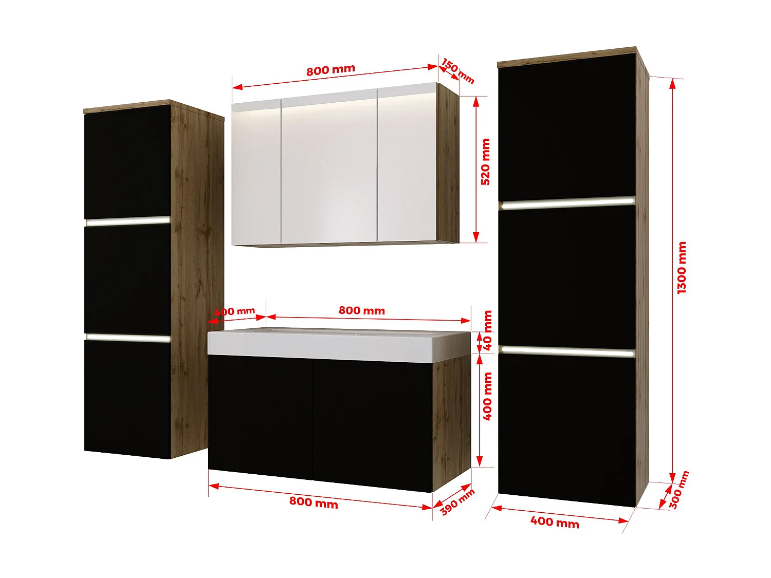 Badkamermeubelset, Wotan eikenhout, matzwart, 160 x 130 cm