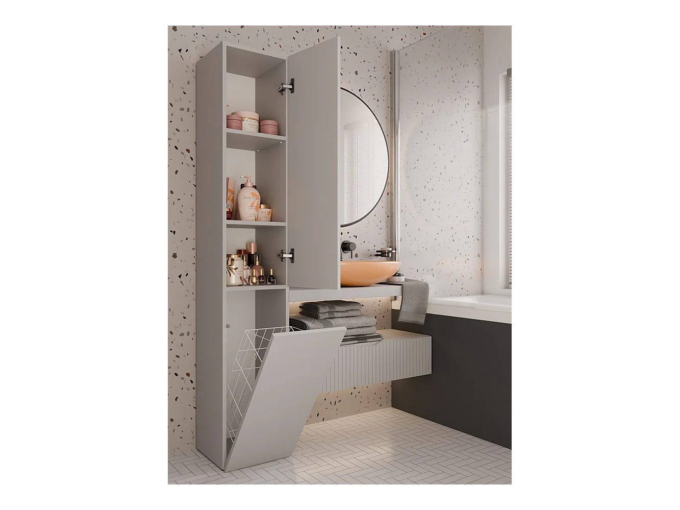 Meuble de salle de bain avec panier à linge : Cachemire, 174 x 31 x 30cm