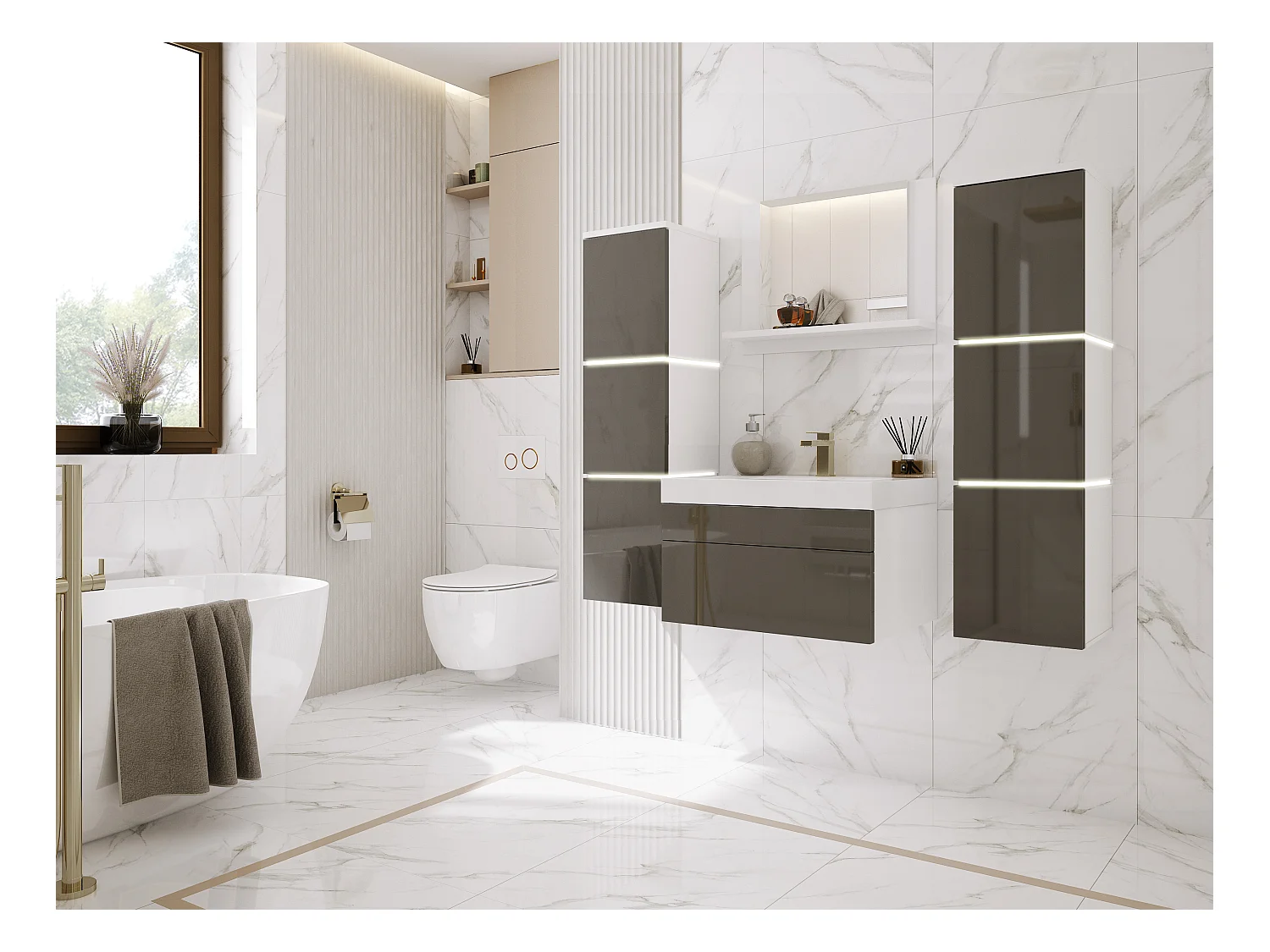 Set mobili da bagno, Bianco Opaco, Grigio Lucido, 120 x 110 cm