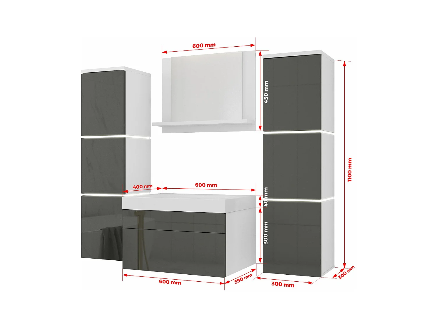 Set mobili da bagno, Bianco Opaco, Grigio Lucido, 120 x 110 cm