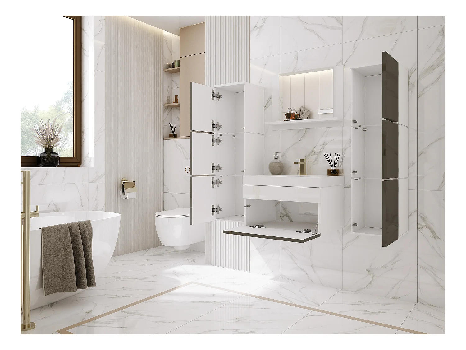 Set mobili da bagno, Bianco Opaco, Grigio Lucido, 120 x 110 cm