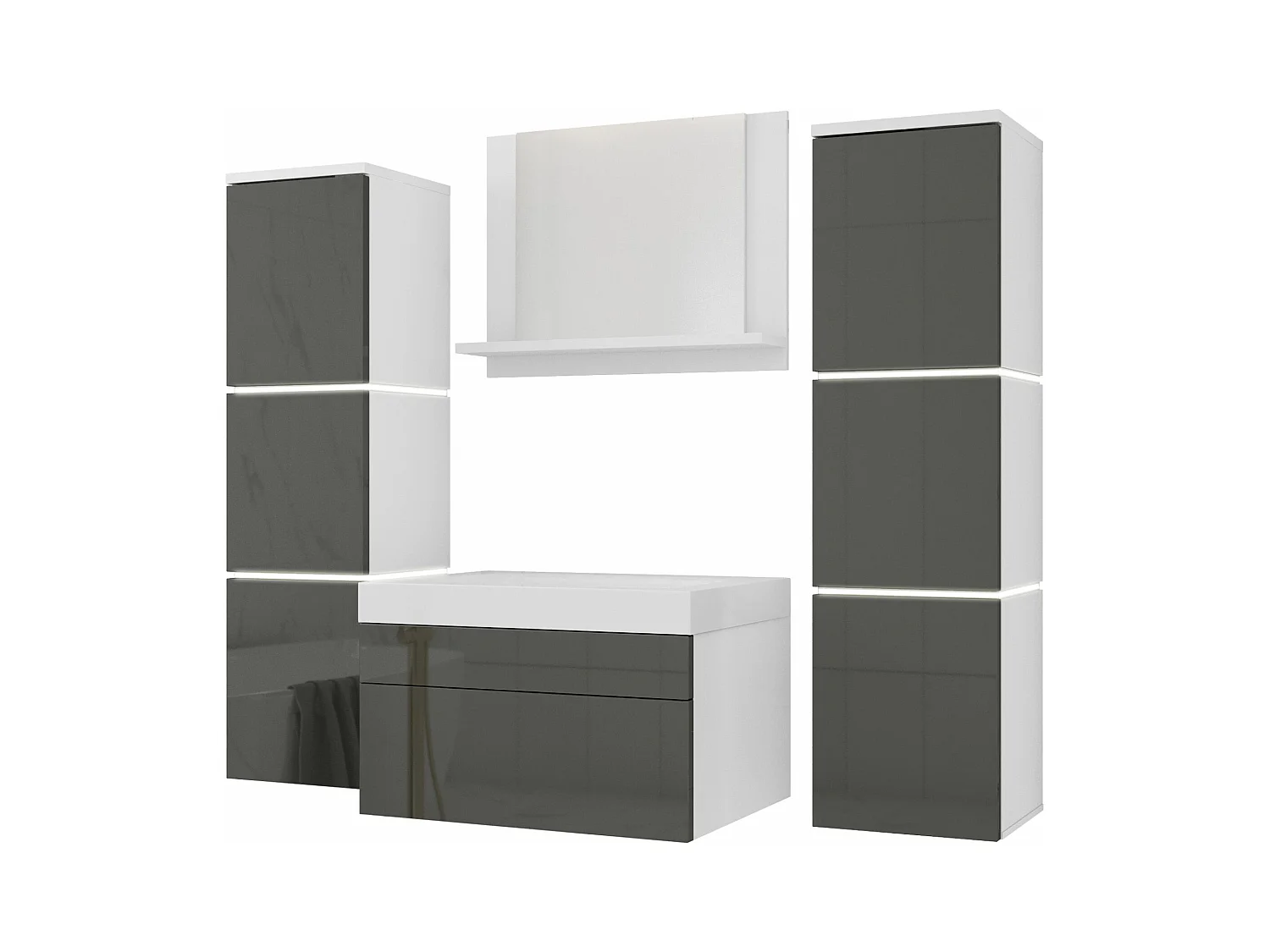 Ensemble meuble salle de bain, Blanc Mat, Gris Brillant, 120 x 110 cm