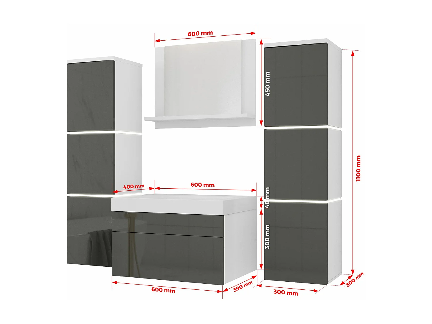 Set mobili da bagno, Bianco Opaco, Grigio Lucido, 120 x 110 cm
