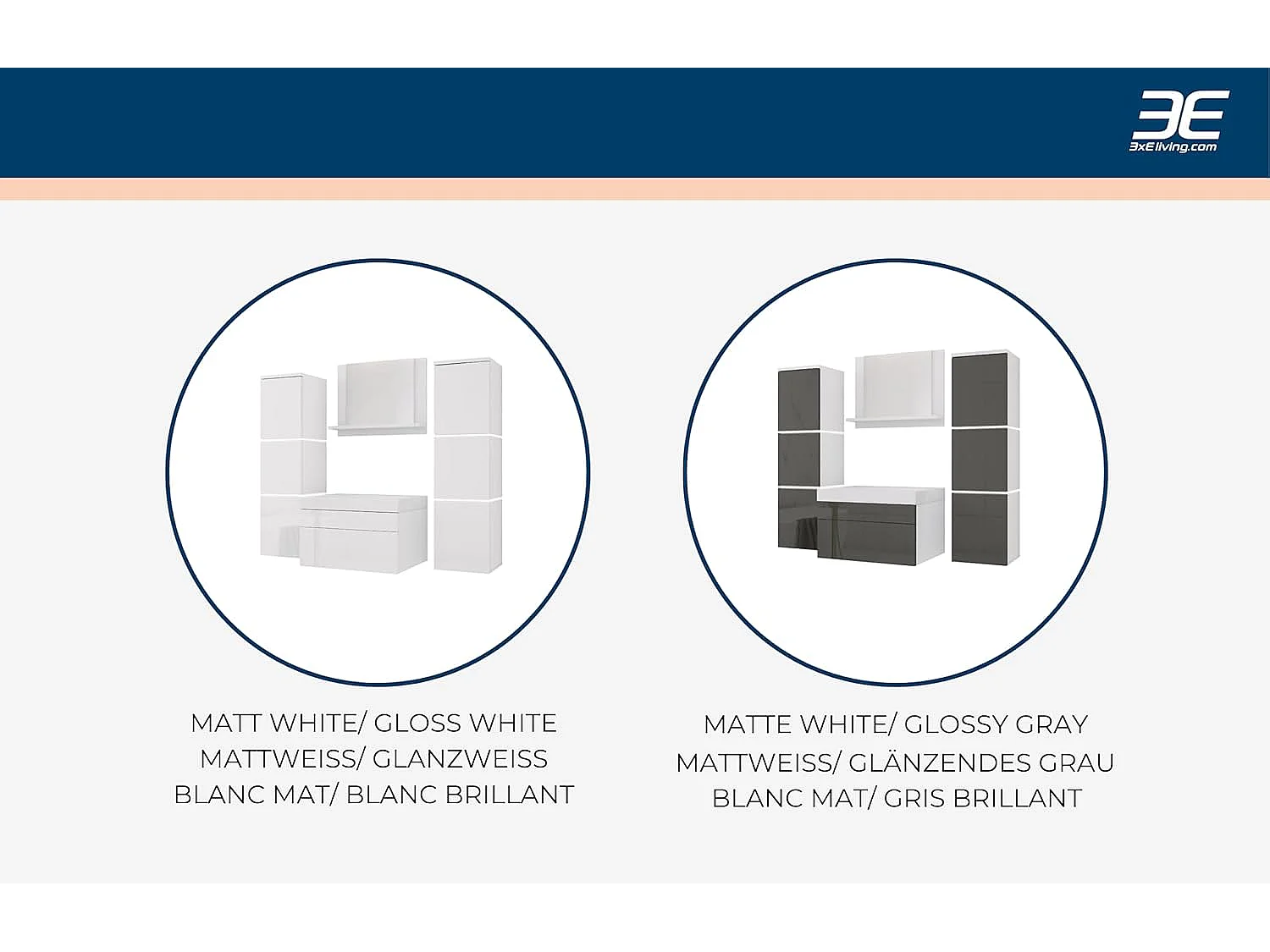 Set mobili da bagno, Bianco Opaco, Grigio Lucido, 120 x 110 cm