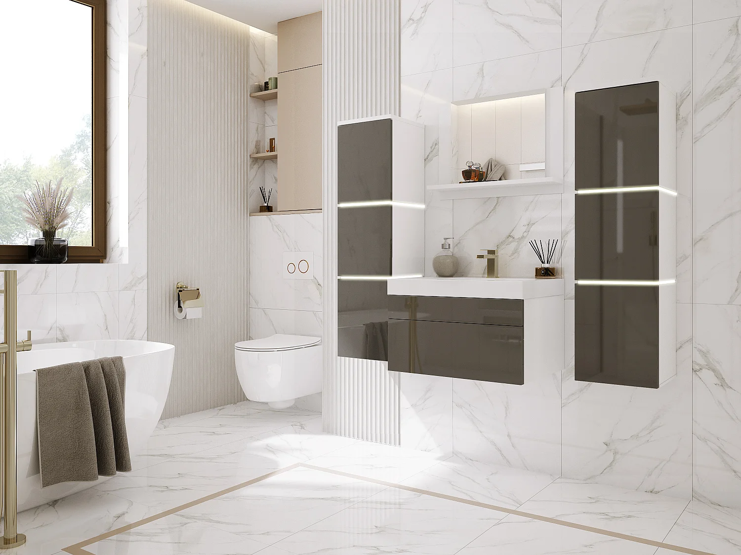 Ensemble meuble salle de bain, Blanc Mat, Gris Brillant, 120 x 110 cm