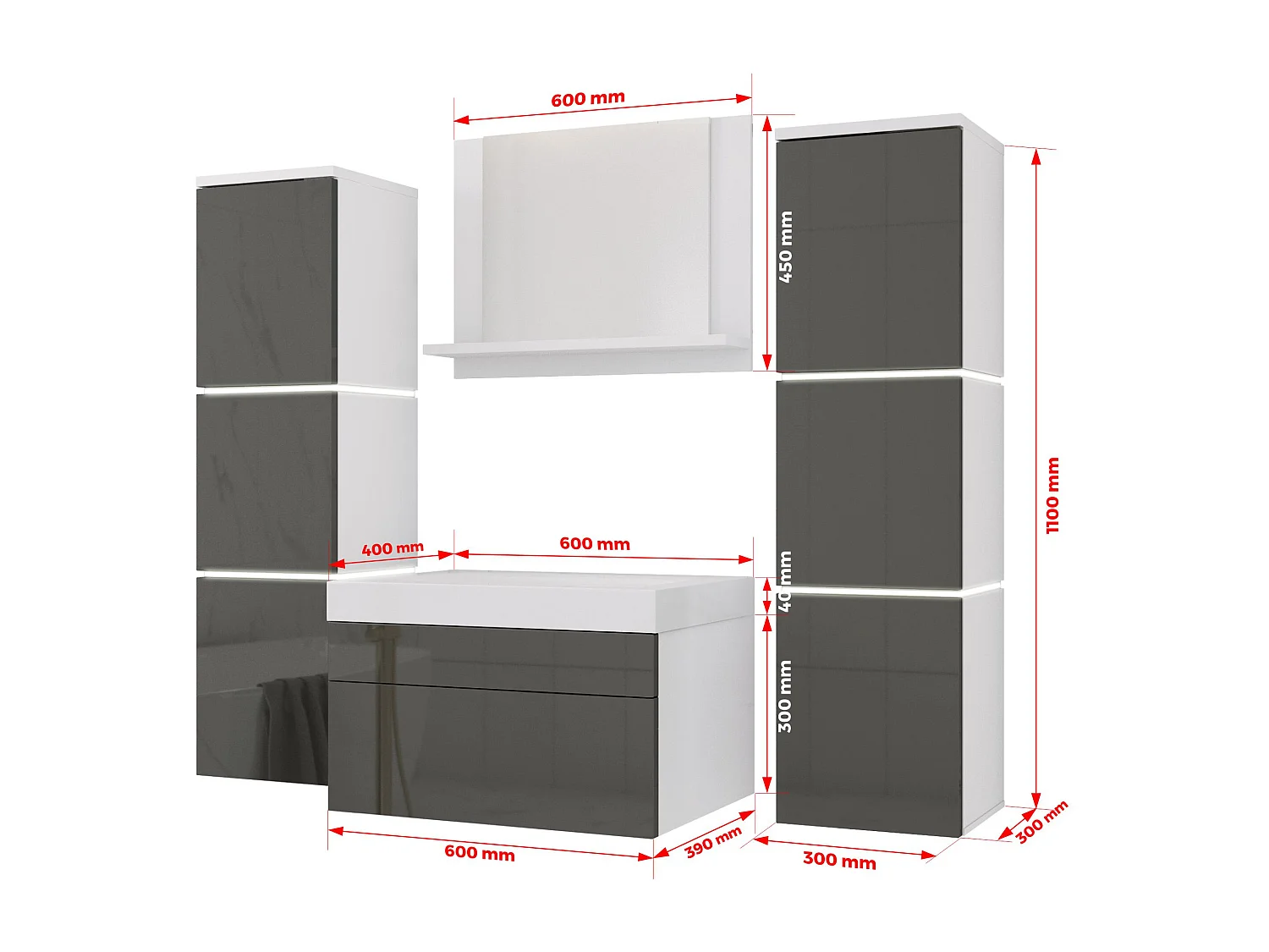 Ensemble meuble salle de bain, Blanc Mat, Gris Brillant, 120 x 110 cm