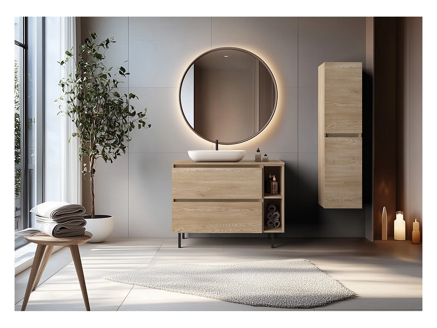 Meuble de salle de bain 100 cm (80+20) avec plan de travail supérieur + pieds meuble, Couleur : Chêne Clair, 100 x 77 x 46 cm