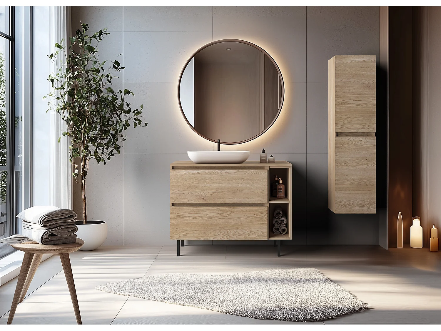 Meuble de salle de bain 100 cm (80+20) avec plan de travail supérieur + pieds meuble, Couleur : Chêne Clair, 100 x 77 x 46 cm