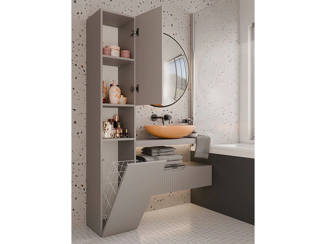 Meuble de salle de bain avec panier à linge, Argile, 174 x 31 x 30cm