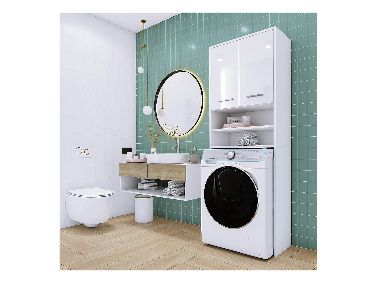 Meuble pour la machine a laver, 2 armoires, 180 x 64 x 30 cm, blanc mat