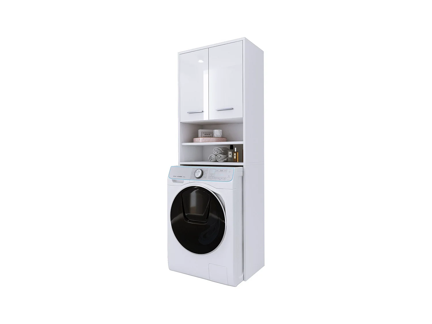 Meuble pour la machine a laver, 2 armoires, 180 x 64 x 30 cm, blanc mat, blanc brillant