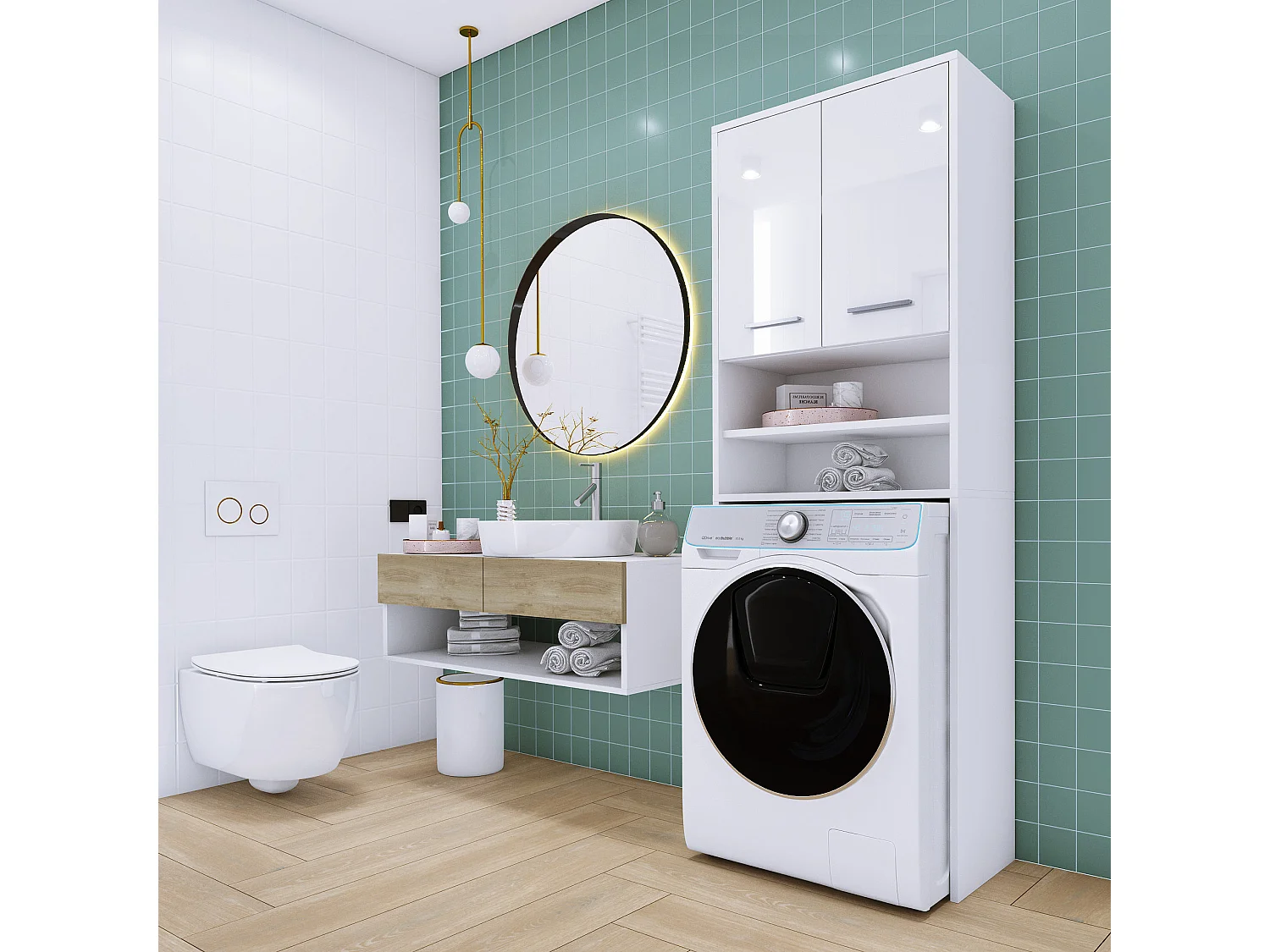 Szafka na pralkę, 2 szafki, 180 x 64 x 30 cm, biały matowy, biały błyszczący