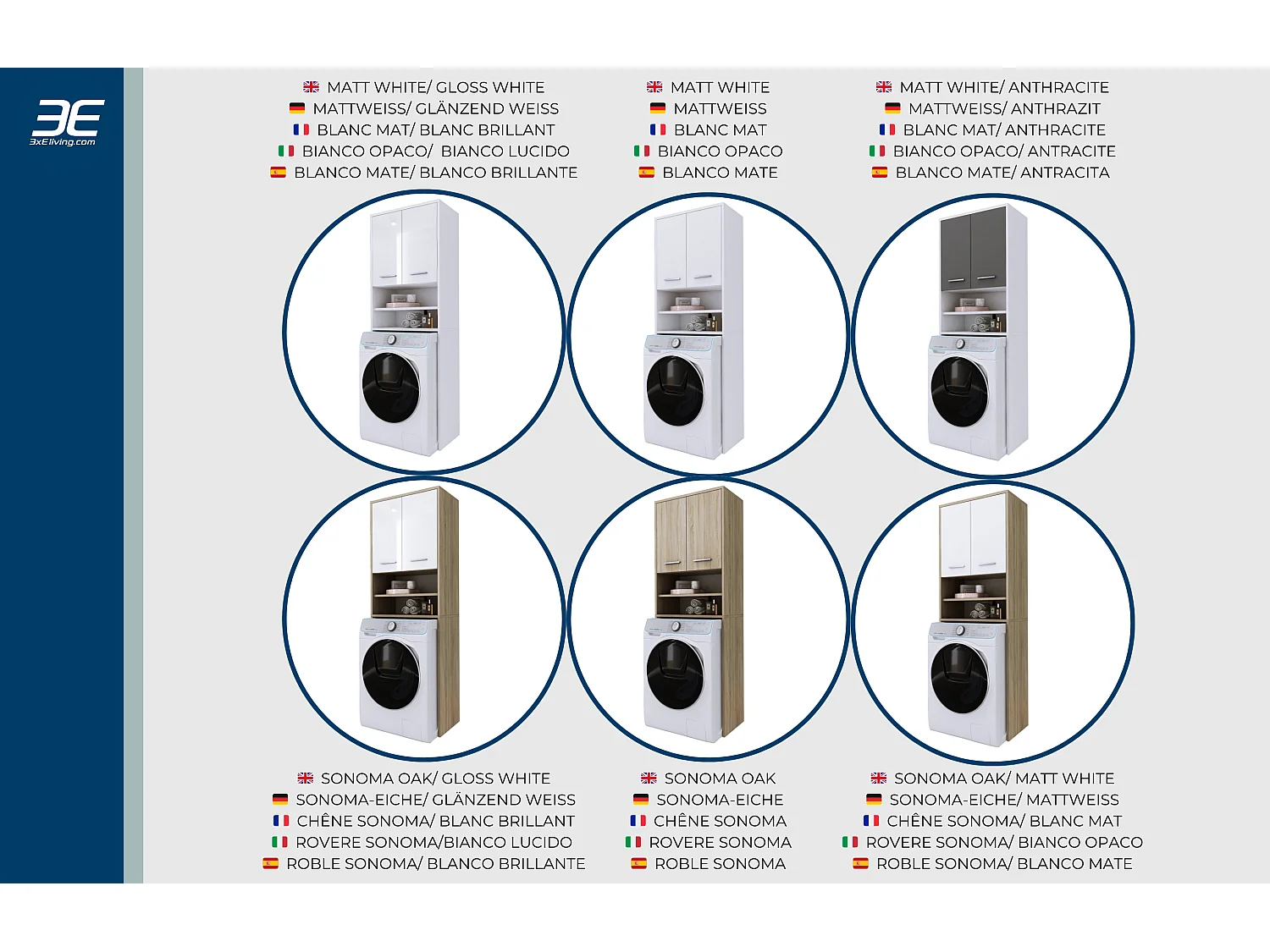 Szafka na pralkę, 2 szafki, 180 x 64 x 30 cm, biały matowy, biały błyszczący