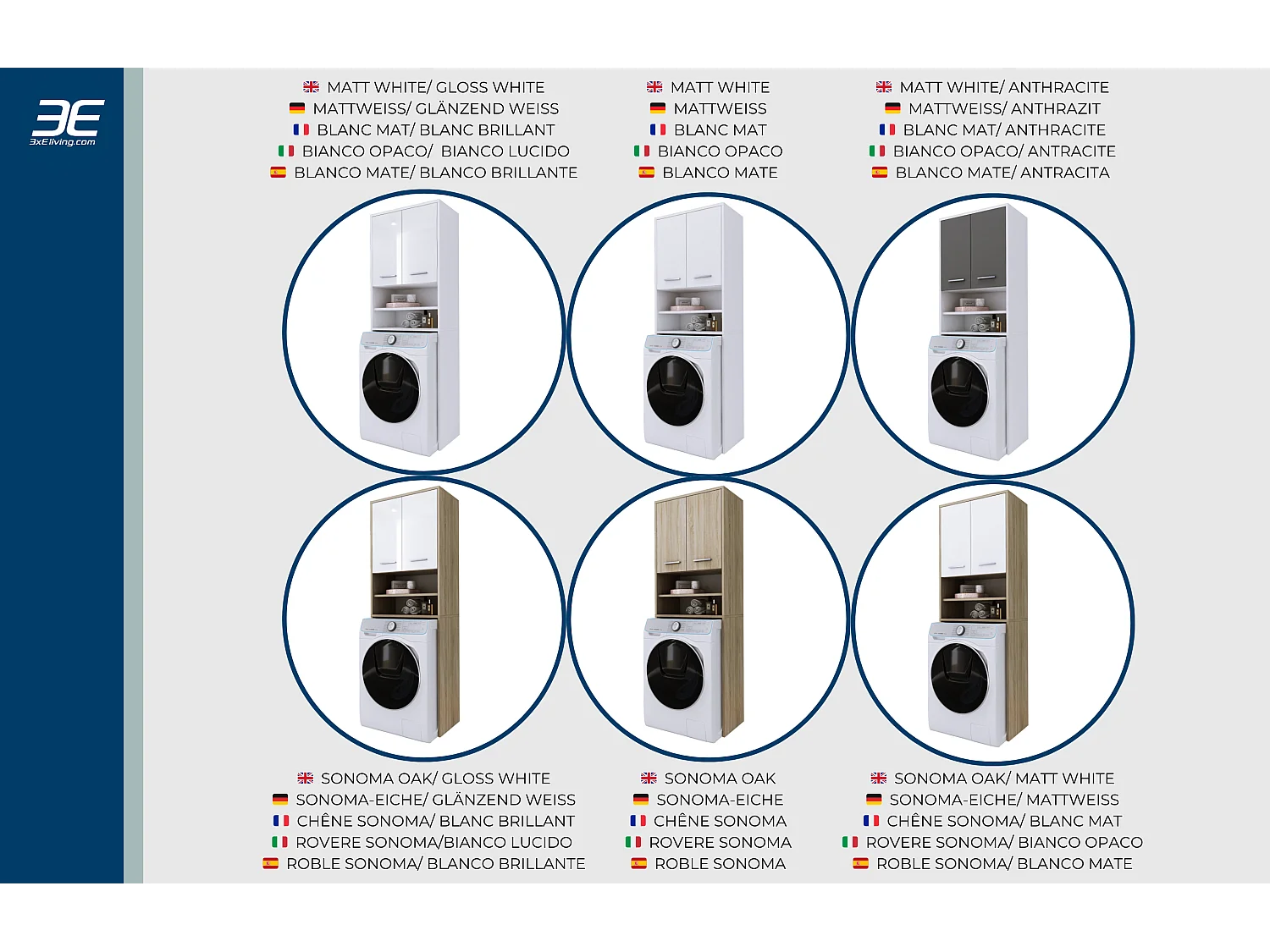 Waschmaschinenschrank, 2 Schränke, 180 x 64 x 30 cm, mattweiß, glänzend weiß