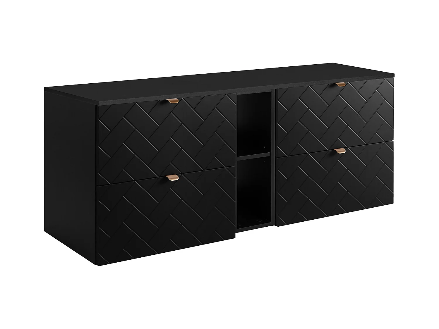 Meuble de salle de bain, Noir Mat, 140 x 57 x 46 cm, poignées dorées