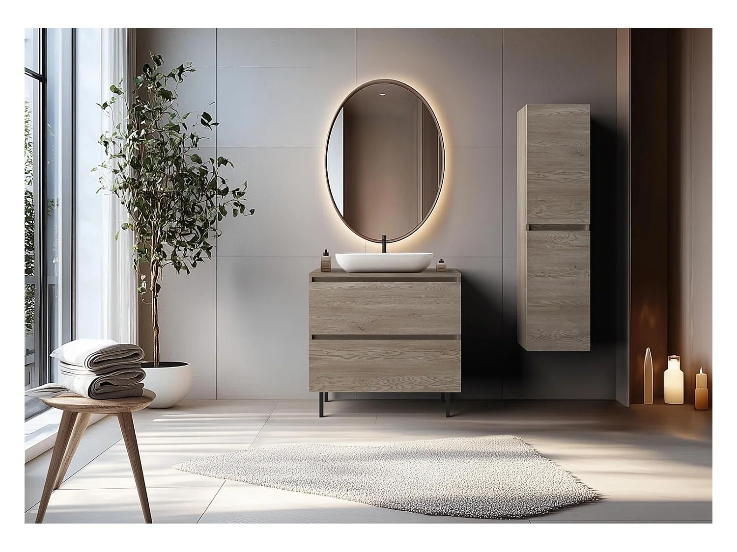 Meuble de salle de bain 80 cm, pieds, Couleur: Chêne Foncé, 80 x 77 x 46 cm, sans plan de travail