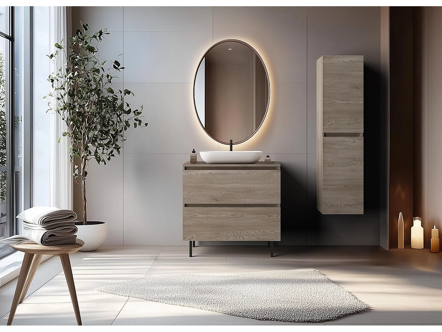 Meuble de salle de bain 80 cm, pieds, Couleur: Chêne Foncé, 80 x 77 x 46 cm, sans plan de travail