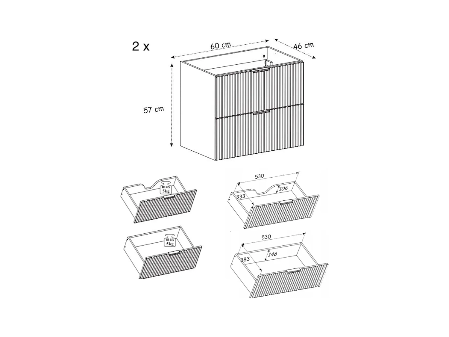 Mueble de lavabo, Blanco + tirador negro, 120 (2 x 60) x 57 x 46 cm