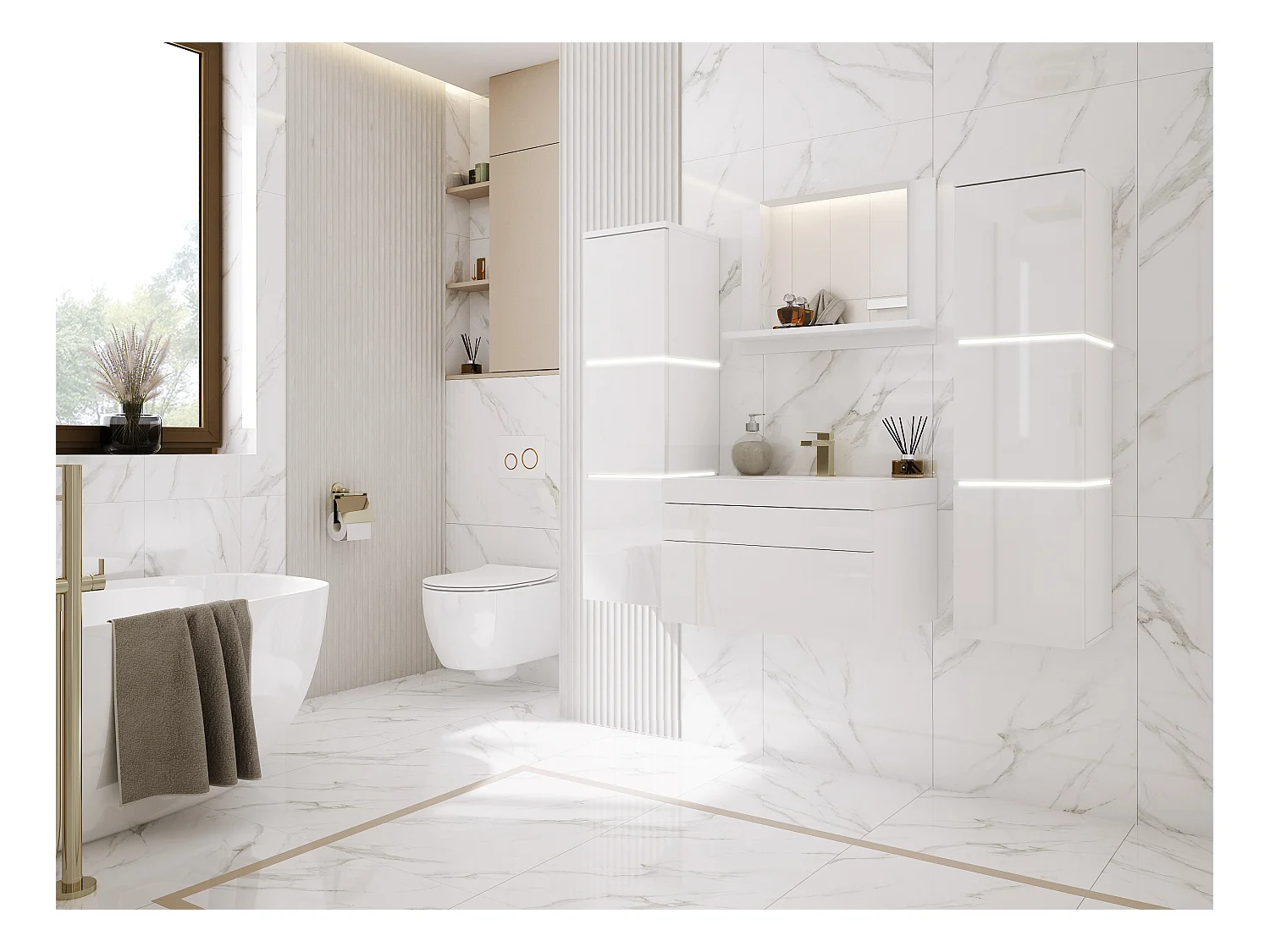 Ensemble meuble salle de bain, Blanc Mat, Blanc Brillant, 120 x 110 cm