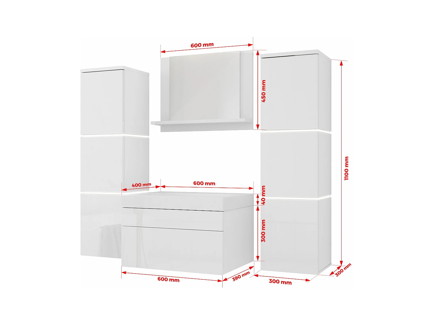 Ensemble meuble salle de bain, Blanc Mat, Blanc Brillant, 120 x 110 cm