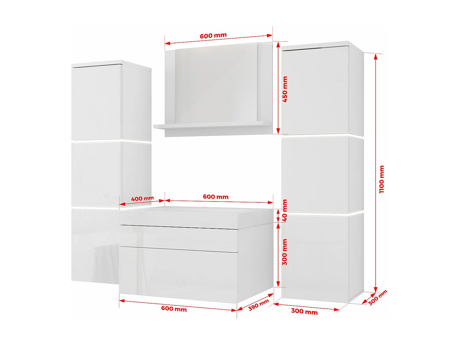 Ensemble meuble salle de bain, Blanc Mat, Blanc Brillant, 120 x 110 cm