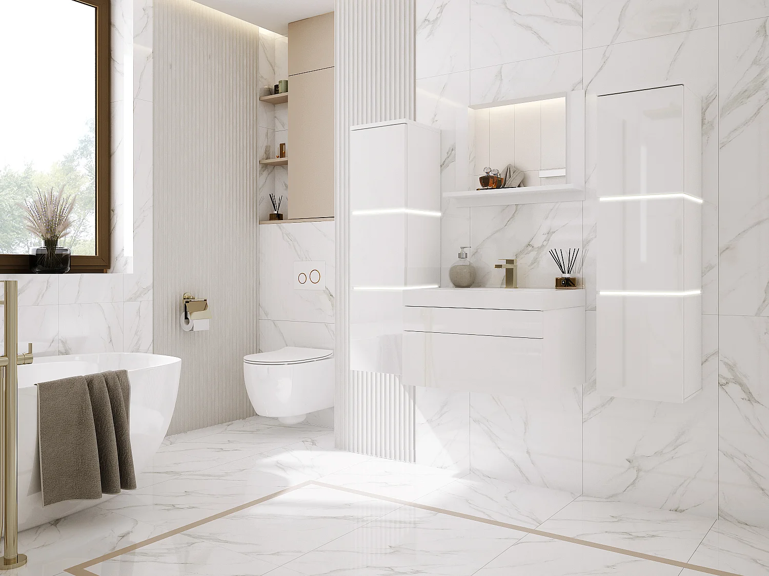 Ensemble meuble salle de bain, Blanc Mat, Blanc Brillant, 120 x 110 cm