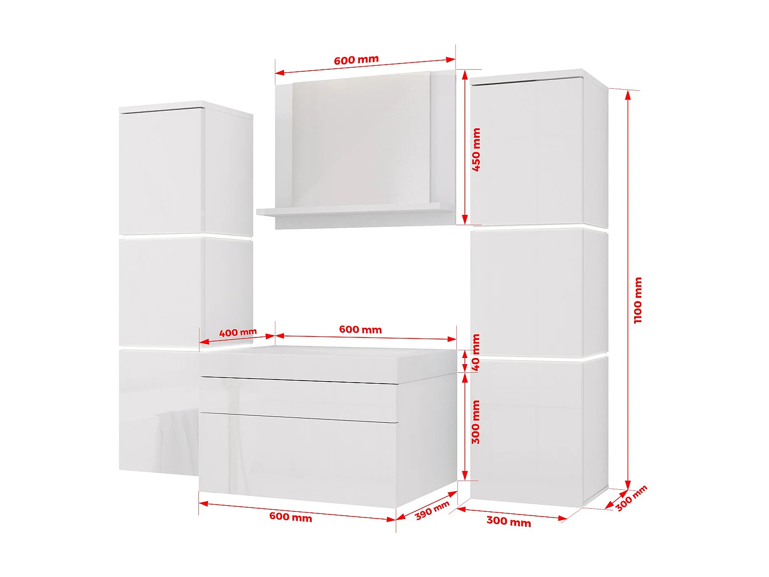 Ensemble meuble salle de bain, Blanc Mat, Blanc Brillant, 120 x 110 cm