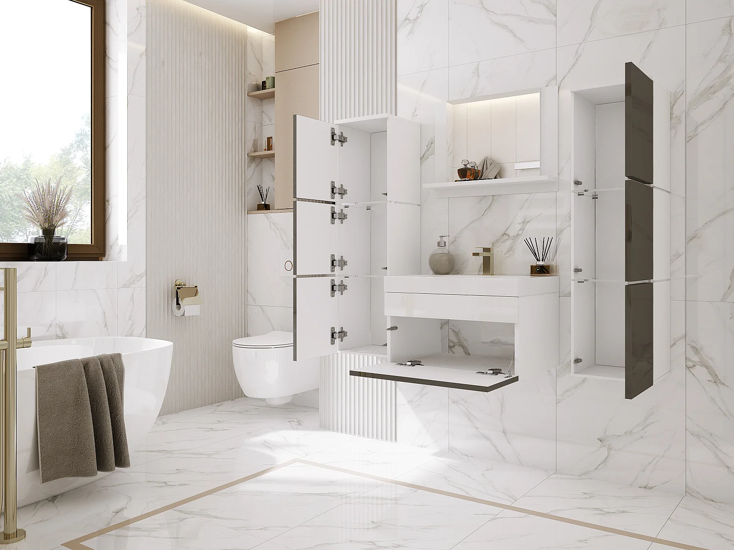 Ensemble meuble salle de bain, Blanc Mat, Blanc Brillant, 120 x 110 cm