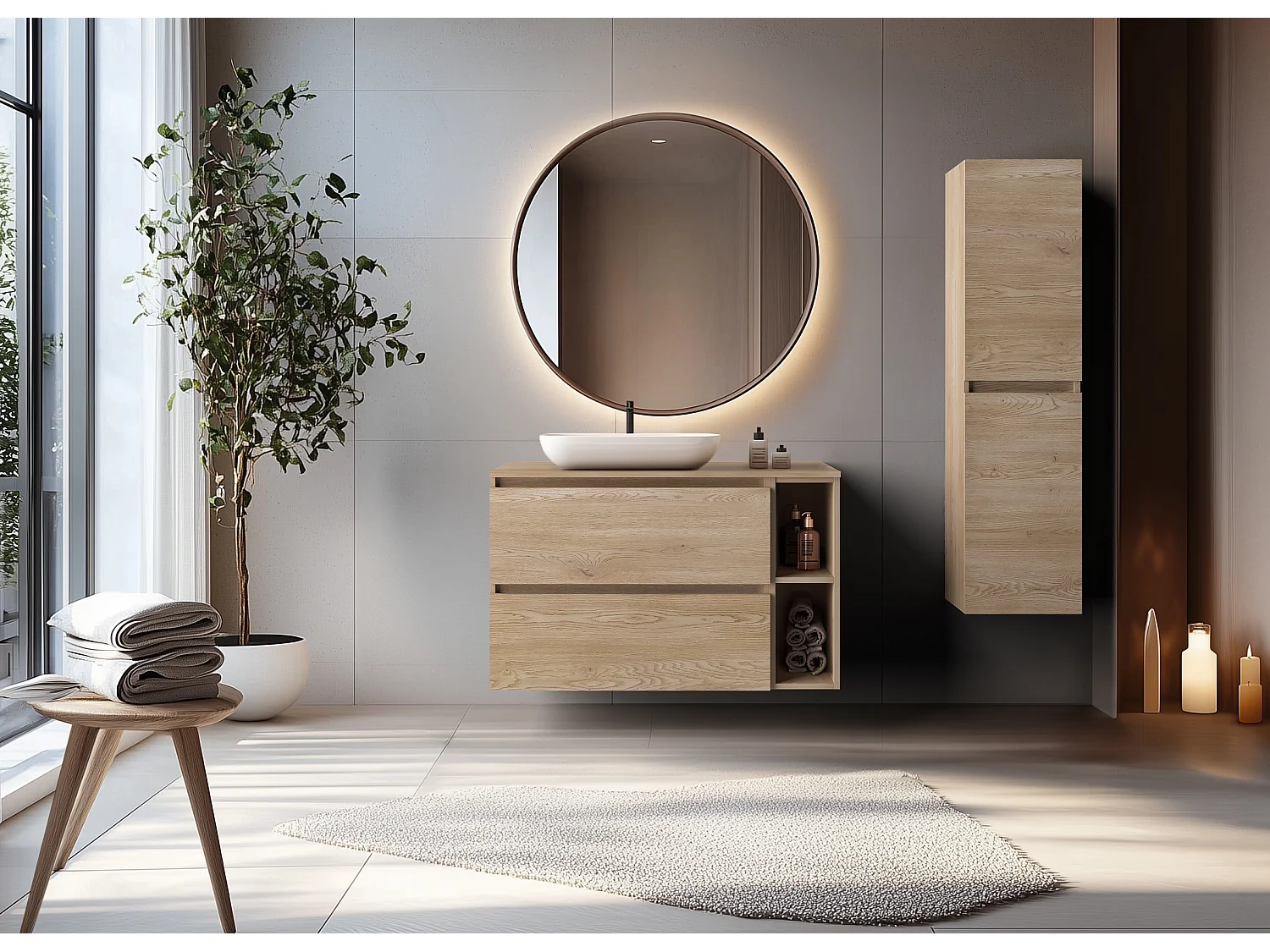 Meuble de salle de bain 100 cm + TOP, Couleur : Chêne Clair, 100 x 57 x 46 cm