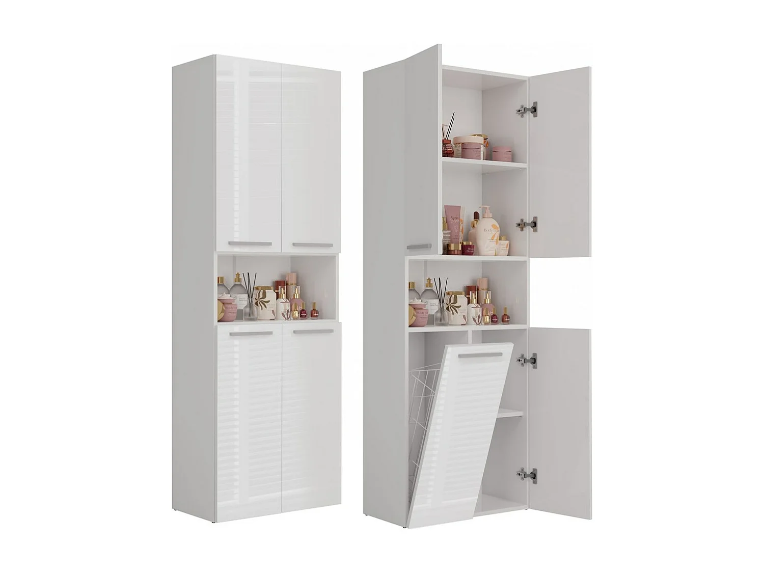 Meuble salle de bain, 174 x 30 x 60 cm, Blanc Mat / Blanc Brillant