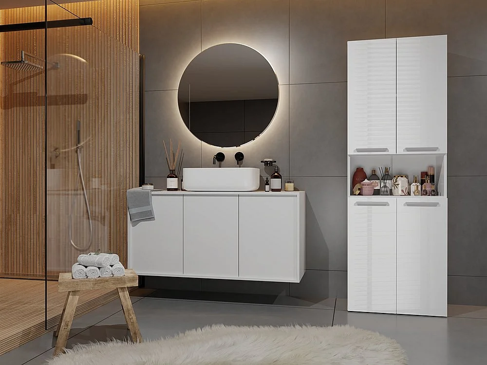 Meuble salle de bain, 174 x 30 x 60 cm, Blanc Mat / Blanc Brillant