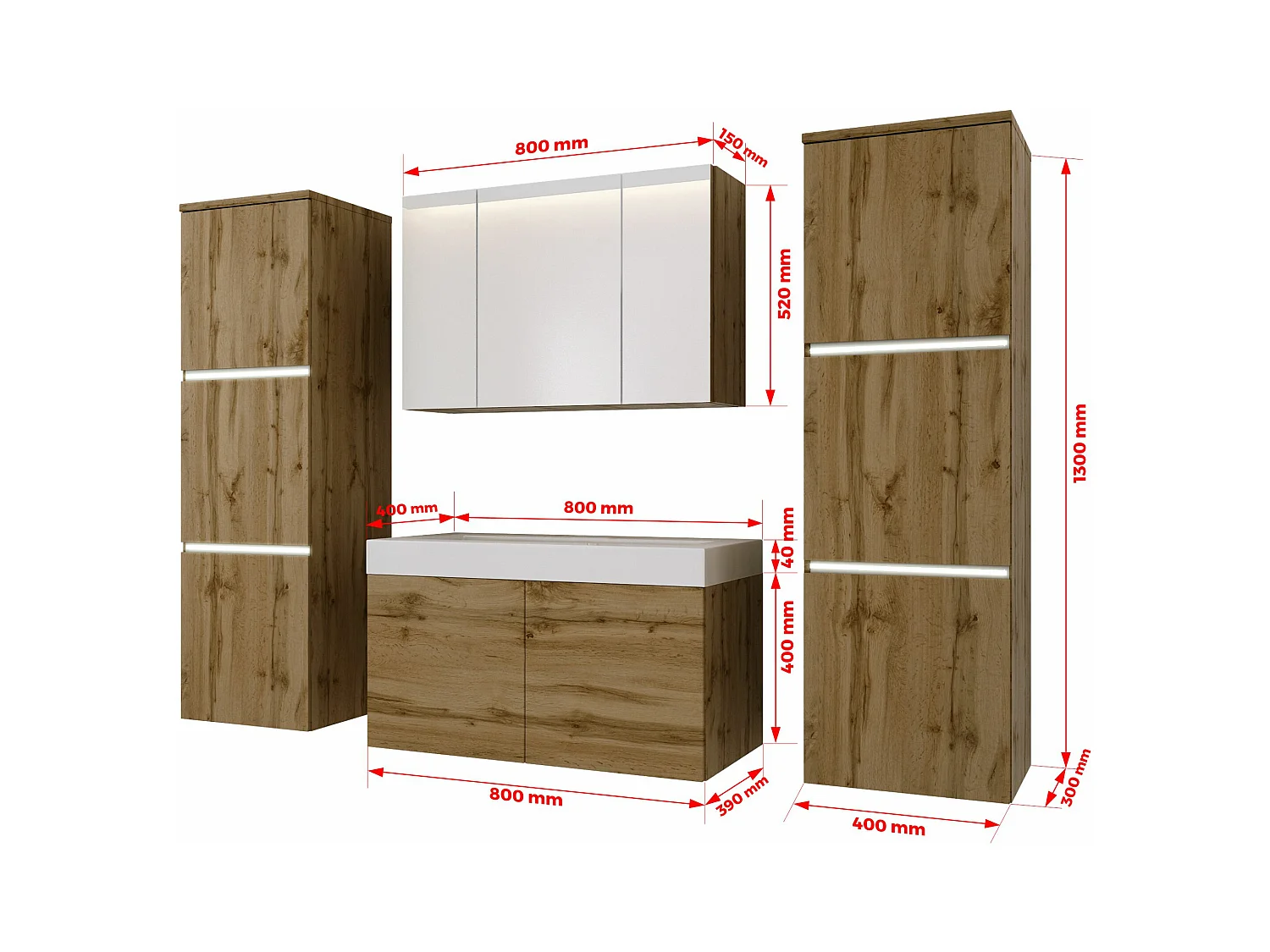 Ensemble meuble salle de bain, Wotan Chêne, 160 x 130 cm