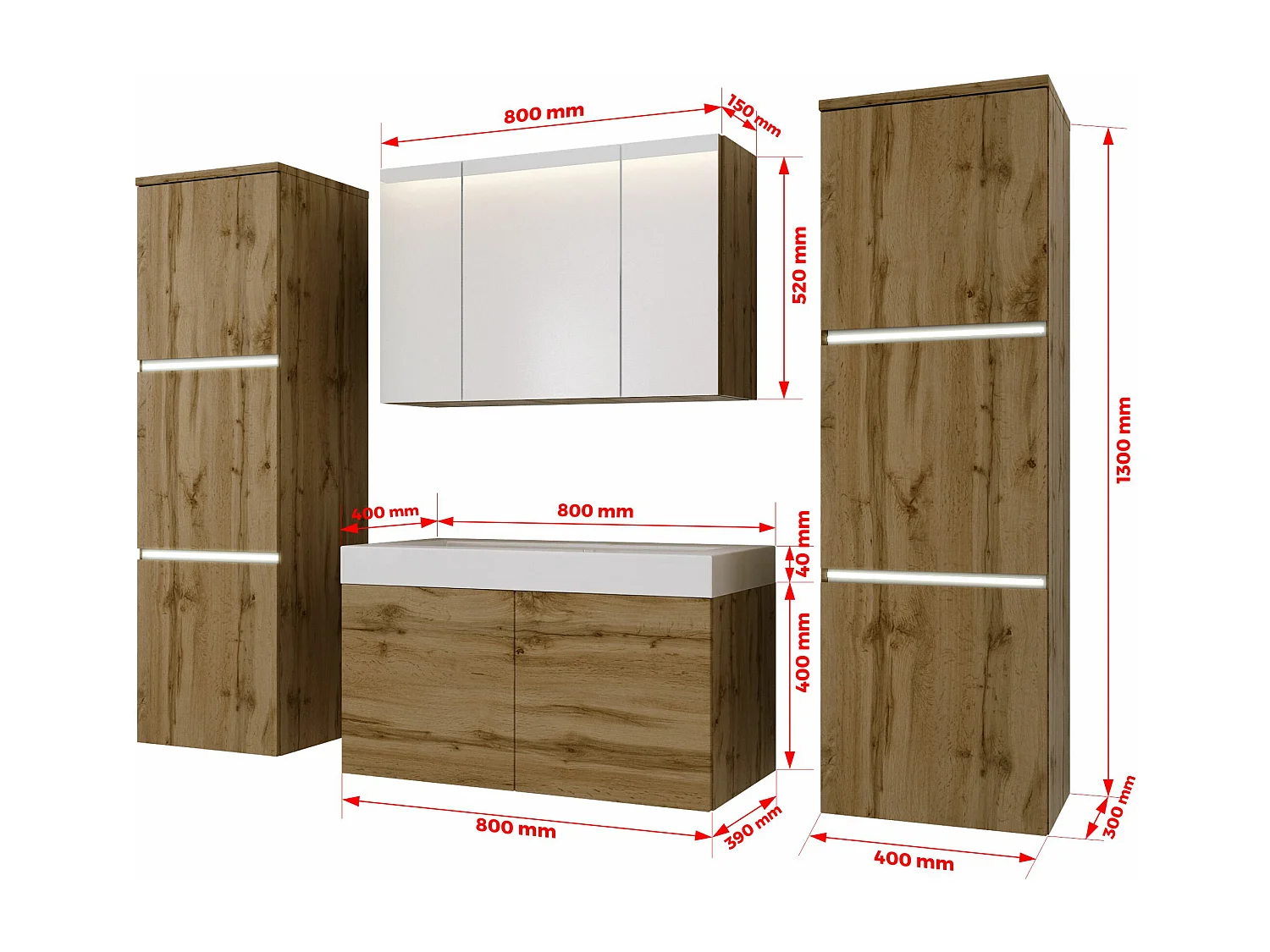 Conjunto de móveis de banheiro, carvalho Wotan, 160 x 130 cm