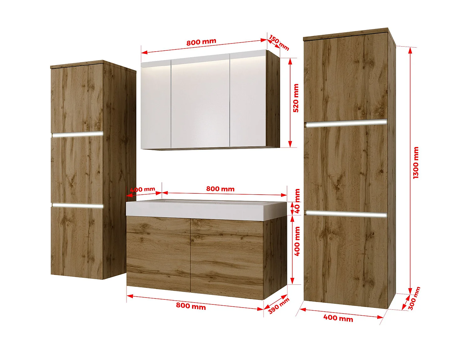 Ensemble meuble salle de bain, Wotan Chêne, 160 x 130 cm