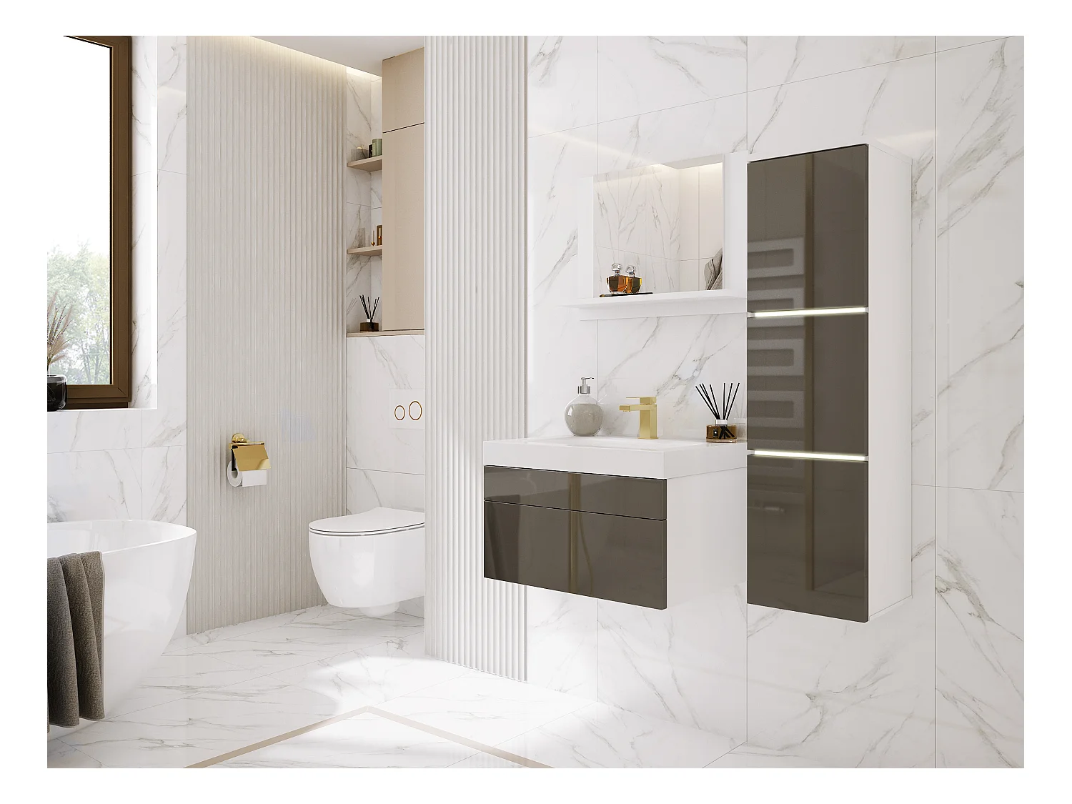 Conjunto de muebles de baño, blanco mate, gris brillo, 90 x 110 cm