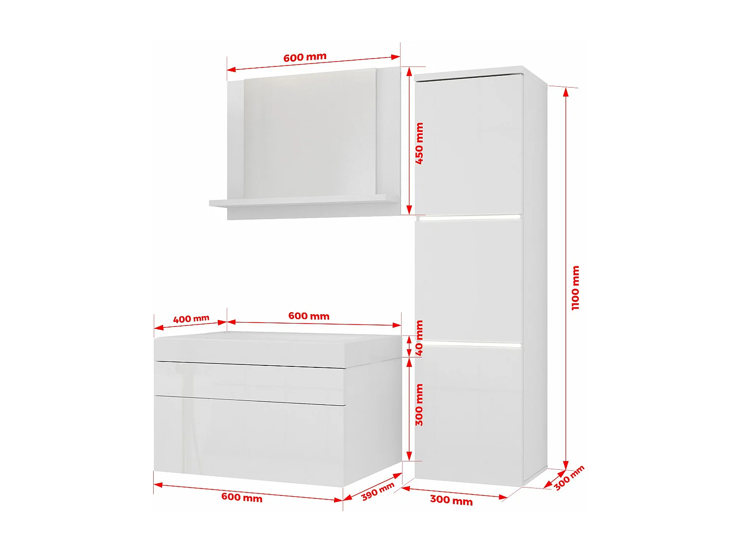 Conjunto de muebles de baño, blanco mate, gris brillo, 90 x 110 cm