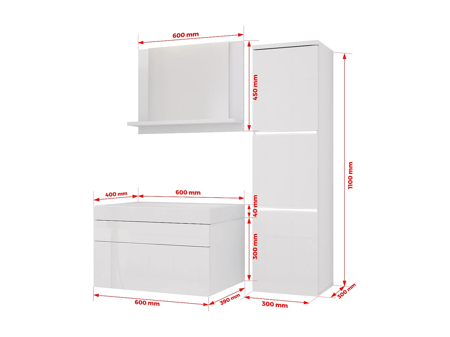 Ensemble meuble salle de bain, Blanc Mat, Gris Brillant, 90 x 110 cm