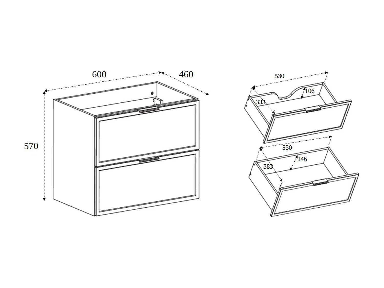 Badezimmerschrank, Craft-Eiche, schwarzer Griff, 46 x 60 x 57 cm