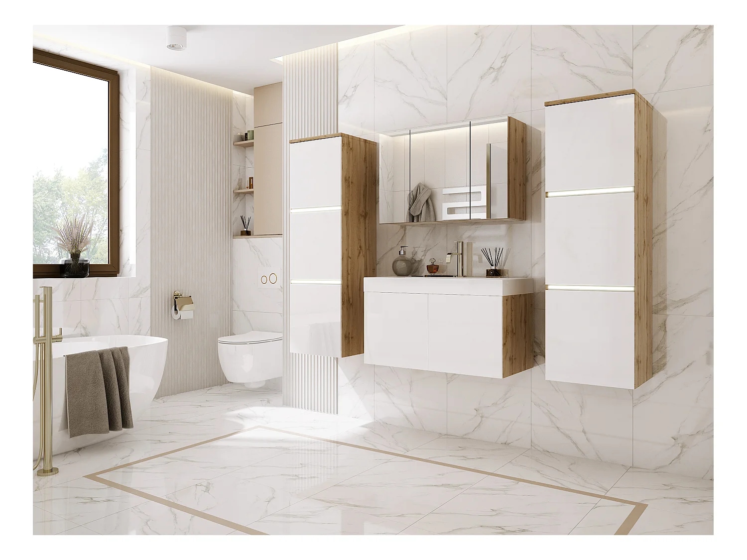 Set mobili da bagno, rovere Wotan, bianco lucido, 160 x 130 cm