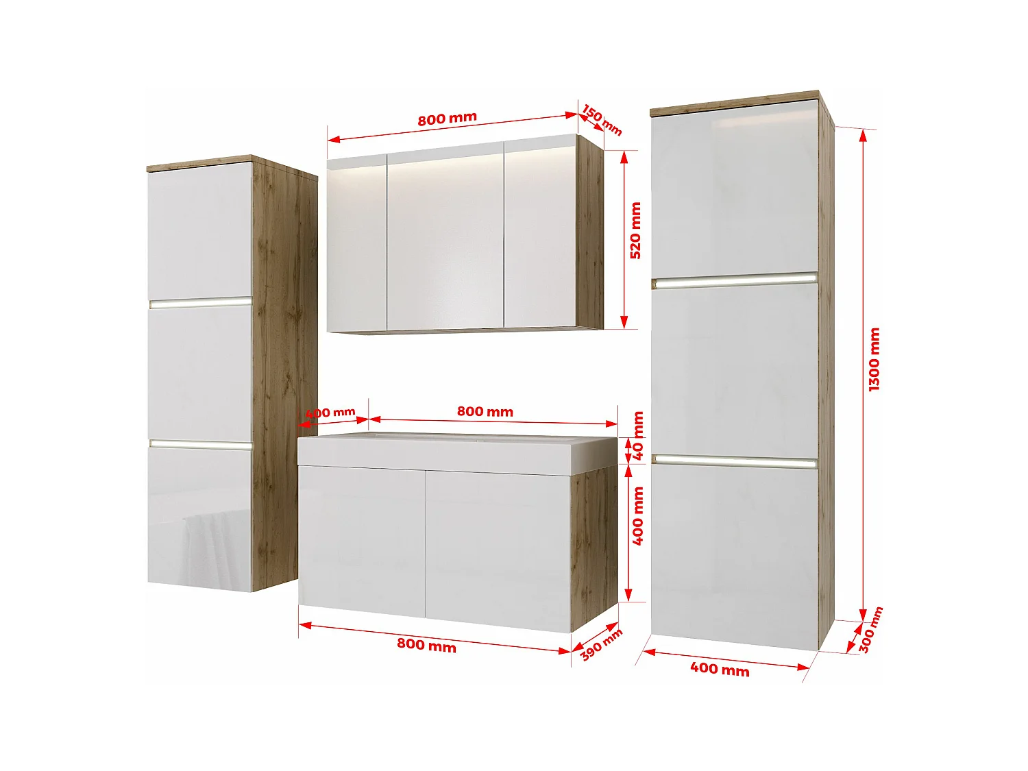 Set mobili da bagno, rovere Wotan, bianco lucido, 160 x 130 cm