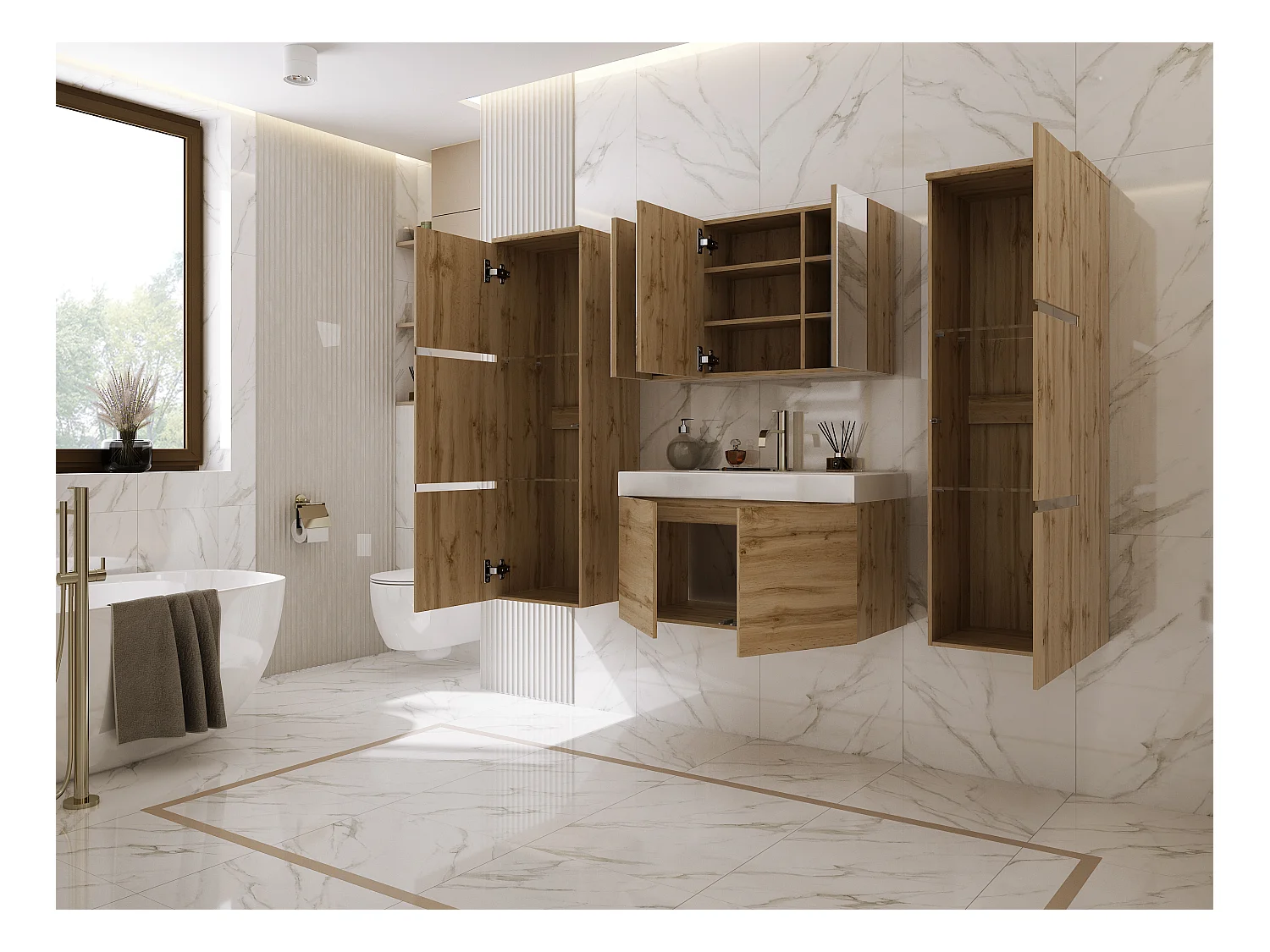 Set mobili da bagno, rovere Wotan, bianco lucido, 160 x 130 cm