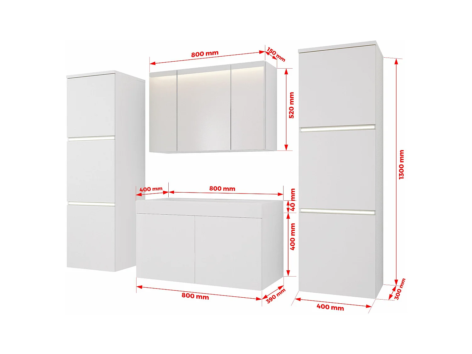 Set mobili da bagno, rovere Wotan, bianco lucido, 160 x 130 cm