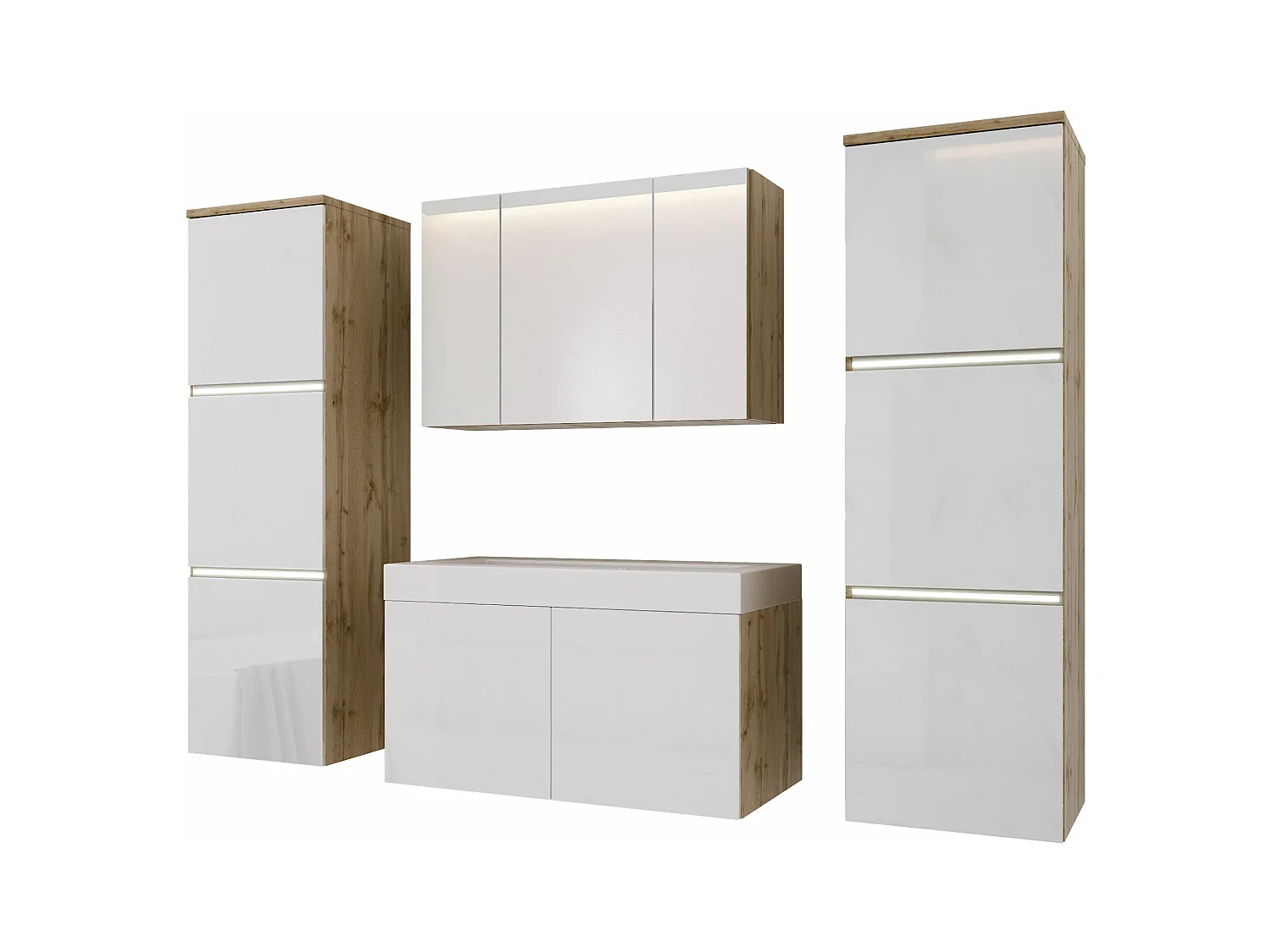 Ensemble meuble salle de bain, Wotan Chêne, Blanc Brillant, 160 x 130 cm