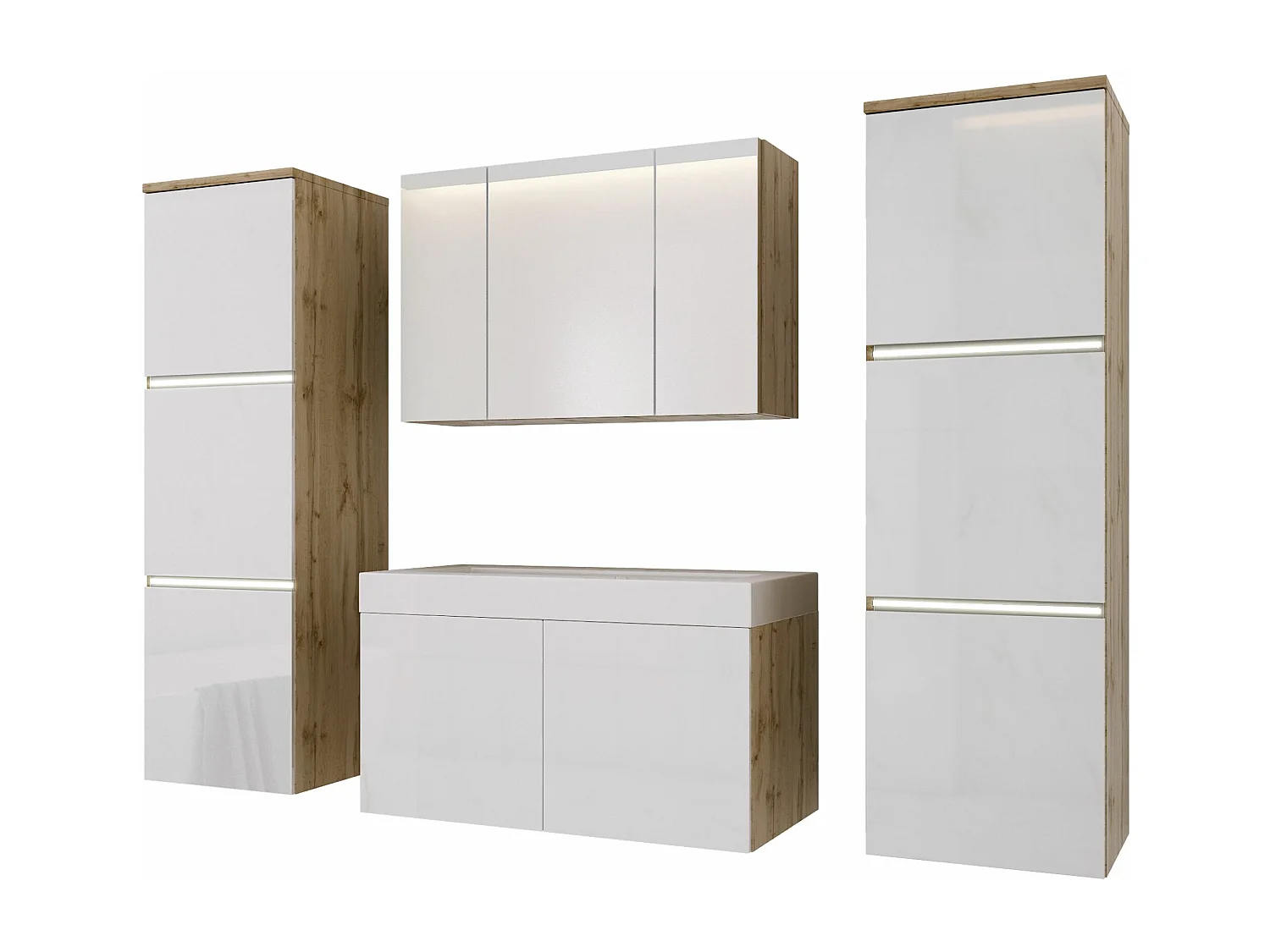 Set mobili da bagno, rovere Wotan, bianco lucido, 160 x 130 cm