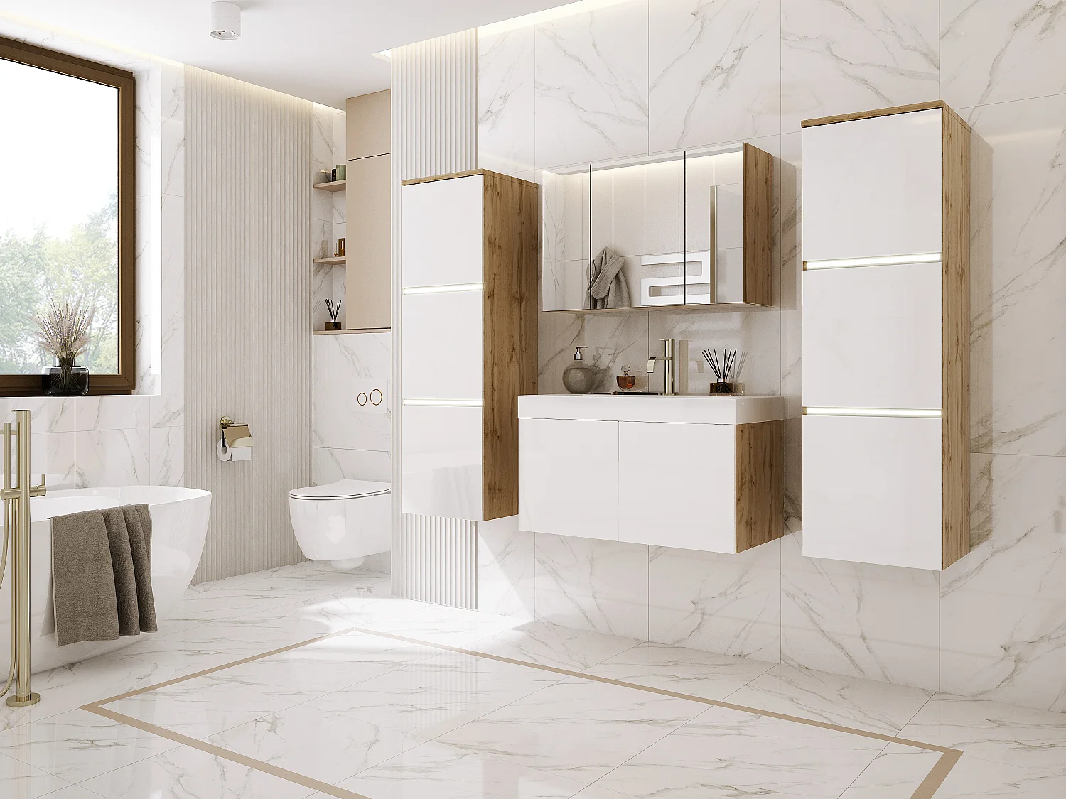 Set mobili da bagno, rovere Wotan, bianco lucido, 160 x 130 cm