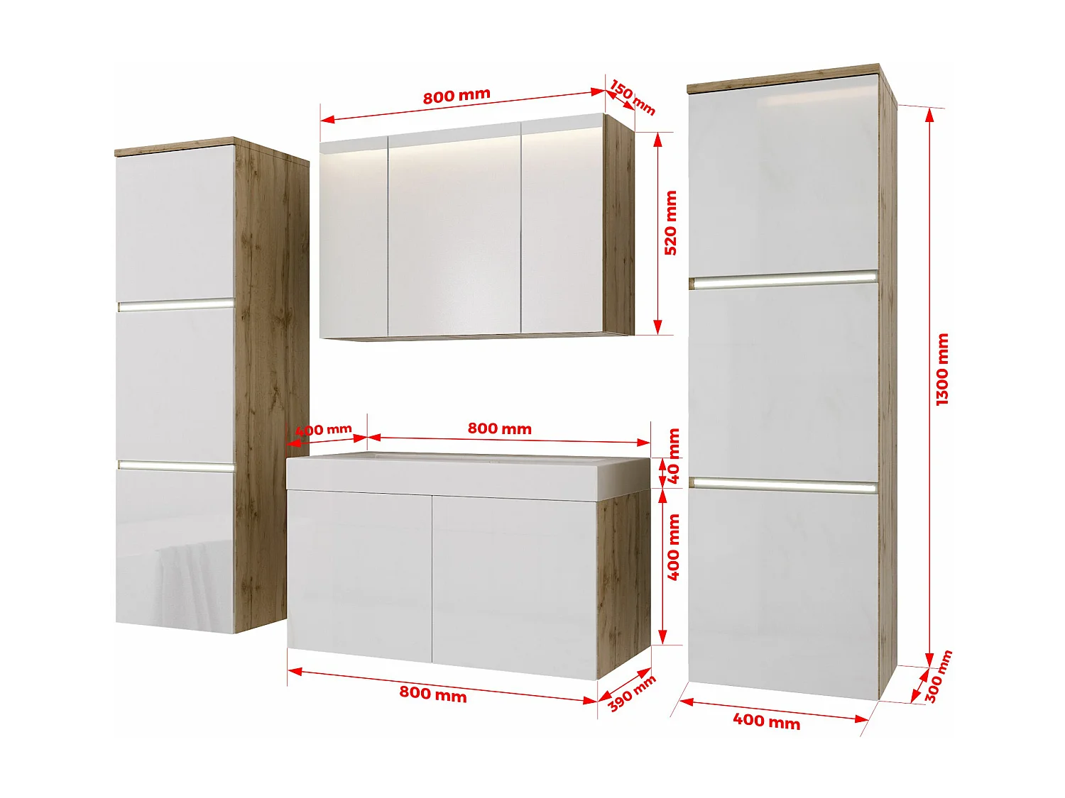 Set mobili da bagno, rovere Wotan, bianco lucido, 160 x 130 cm