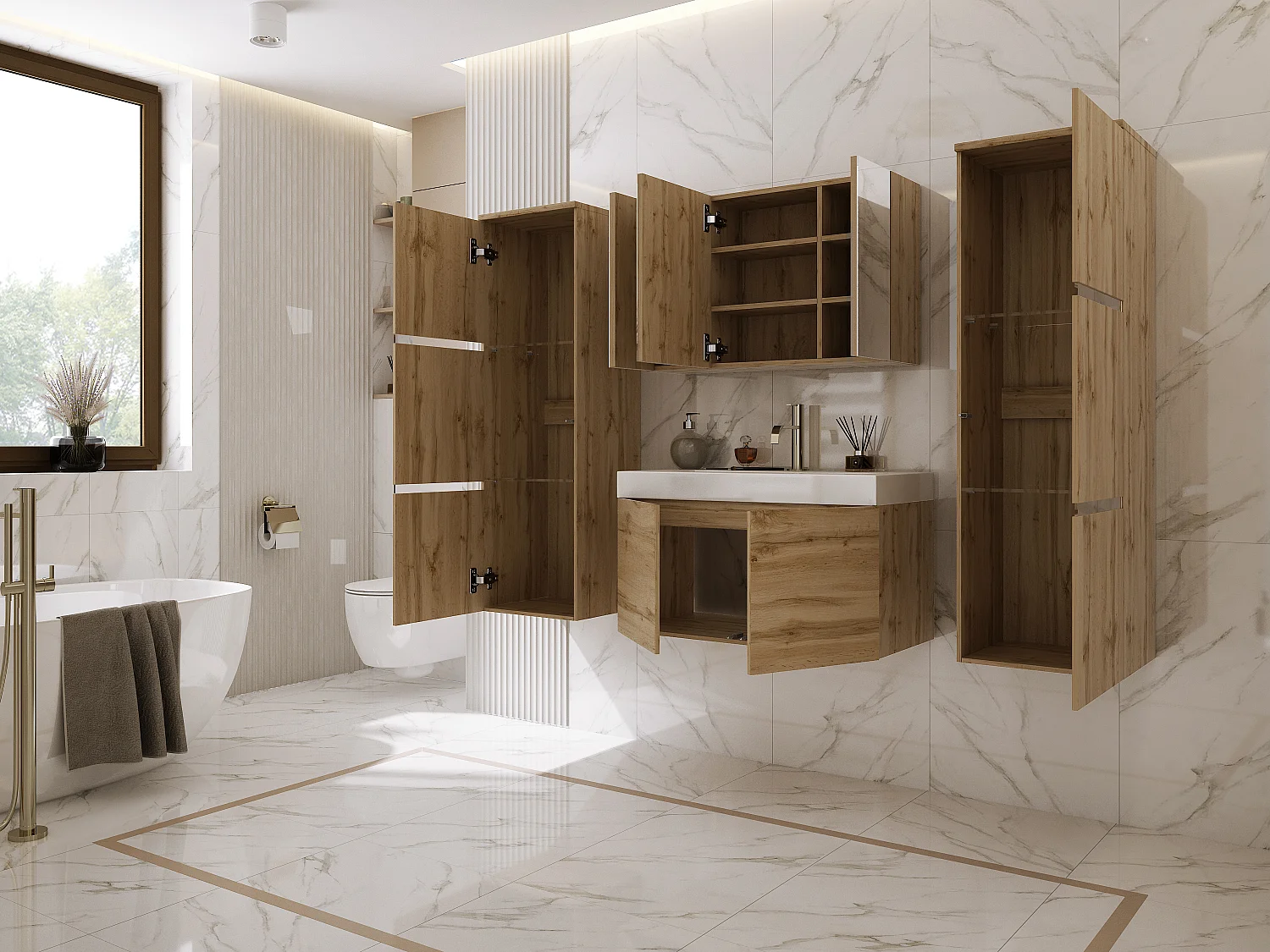 Set mobili da bagno, rovere Wotan, bianco lucido, 160 x 130 cm
