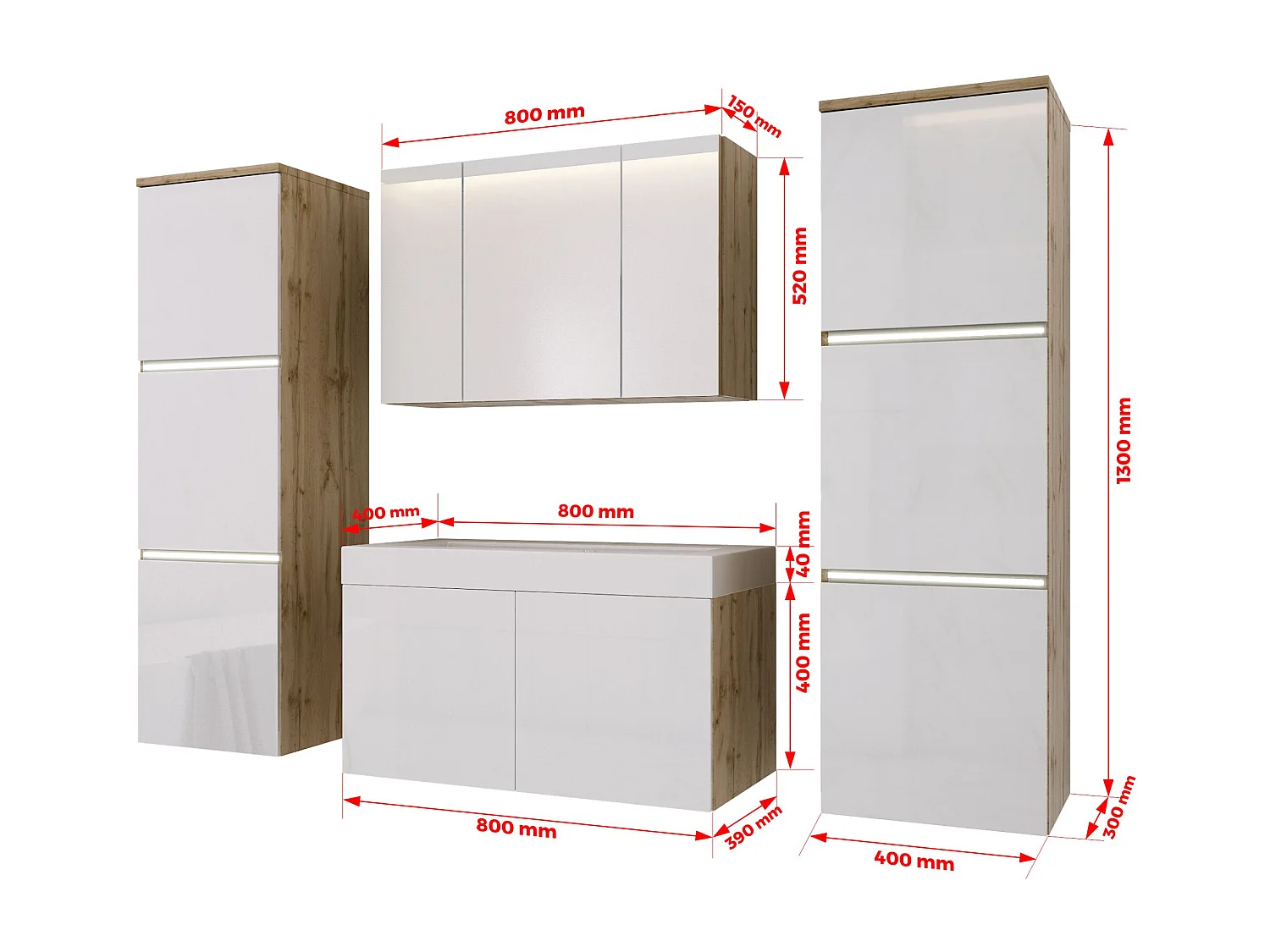 Set mobili da bagno, Rovere wotan, Bianco Lucido, 160 x 130 cm